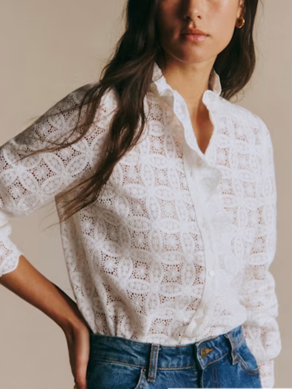 NWT 🌟 SEZANE 🌟 CHLO LACE BUTTON FRONT RUFFLE SHIRT ECRU SZ 42 OR XL